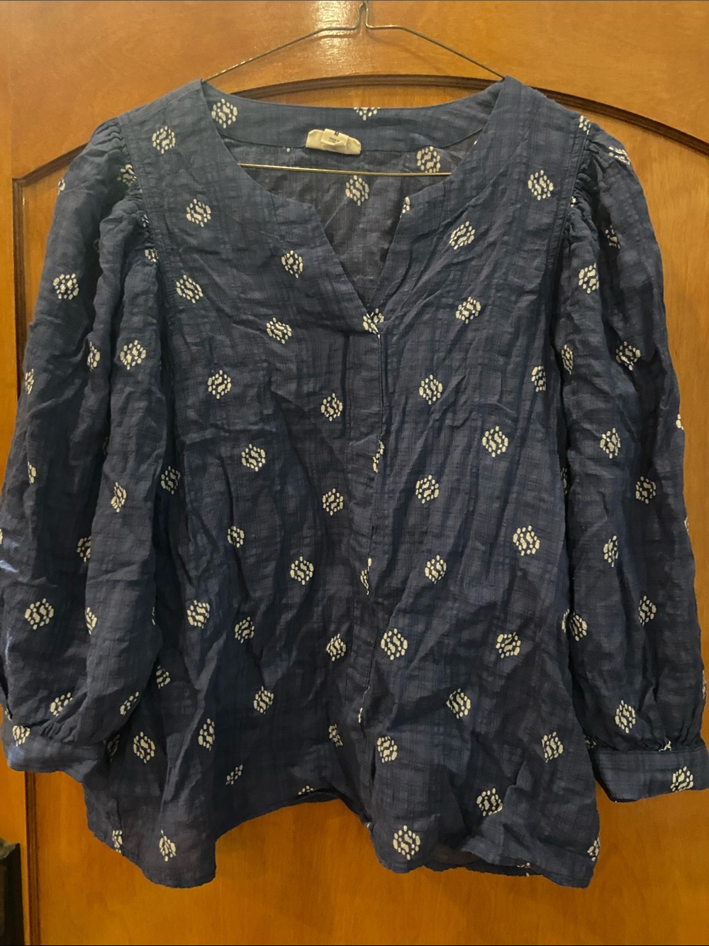 a.n.a Navy Blue Printed V-Neck Long Sleeve Blouse